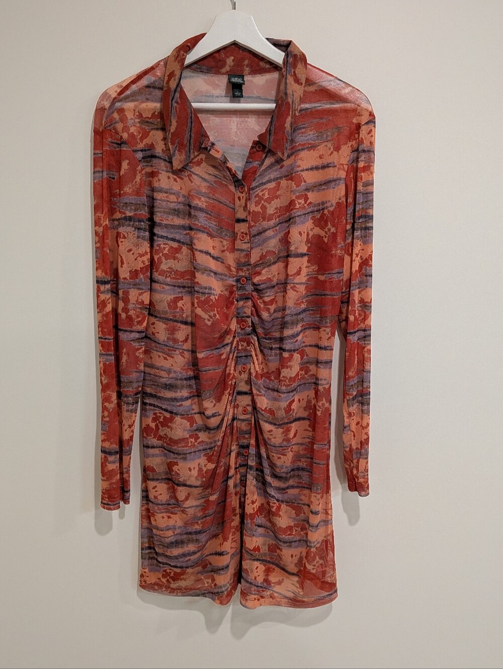 Wild Fable long-sleeve button-front mesh dress Large - Y2K Edgy Festival Tie-dye